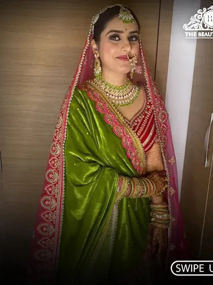 A full-length view of a stunning bride ready for her big day. The makeup is designed to last through the long hours of the ceremony while looking fresh and radiant.