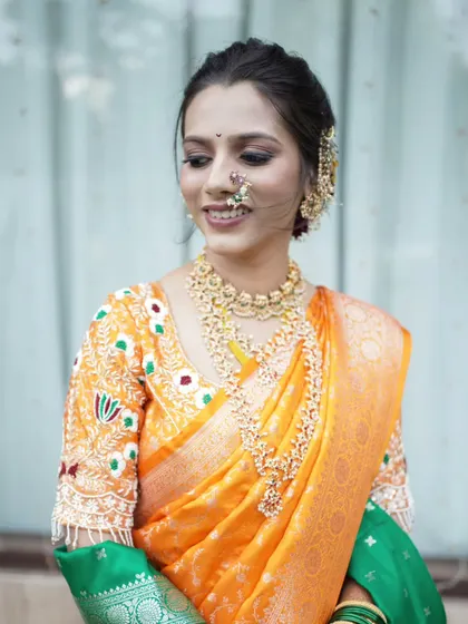 A radiant bridal portrait, with the bride looking happy and serene.