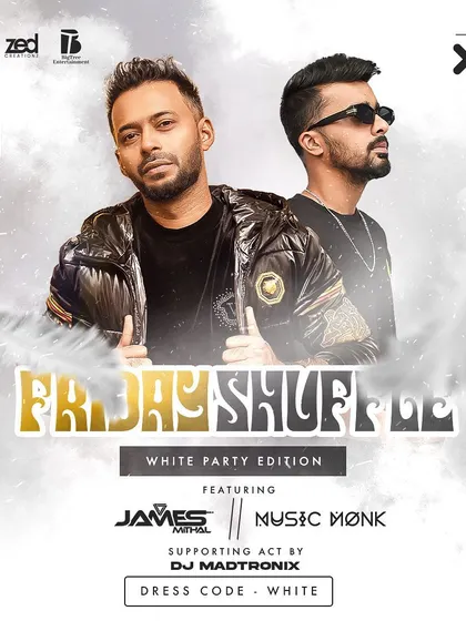 A "Friday Shuffle" white party edition. Even with a specific dress code, the heart of the party was the non-stop Bollywood and commercial music.