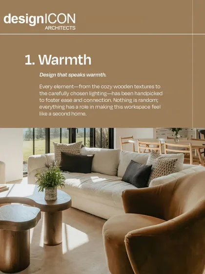 We believe design should speak warmth. In this living space, cozy wooden textures, a plush sofa, and carefully chosen lighting create an atmosphere of ease and connection, making the workspace feel like a second home.