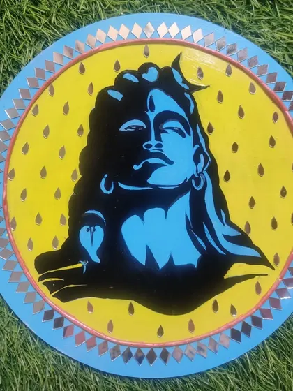 A vibrant, pop-art style painting of Adiyogi on a round canvas with a mirror border.