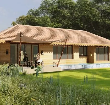 A rendering of a cottage at Birwa Forest Resort, showcasing the use of eco-friendly construction materials. The design reflects my commitment to sustainable architecture, using rammed earth walls and tiled roofs that are traditional to the region, ensuring the resort feels authentic and responsible.