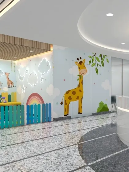 A closer view of the pediatric area at Yashoda Medicity, where a giraffe graphic is cleverly integrated with the door. This playful approach to design helps to animate the space and bring a sense of fun and comfort to young patients.