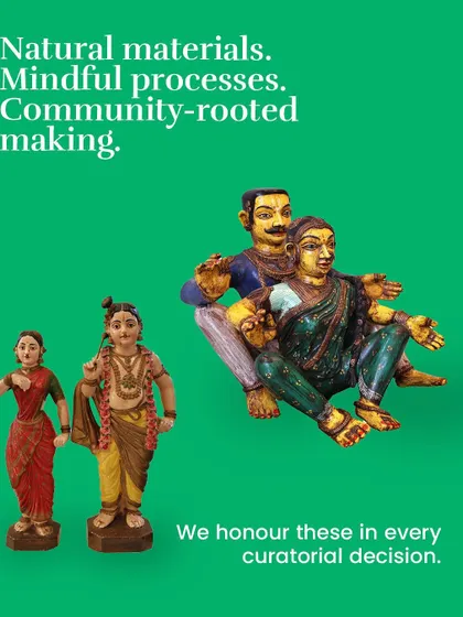 A collection of traditional wooden sculptures, including a depiction of Radha and Krishna. We believe that honoring natural materials and community-rooted making is a sustainable act woven into our curatorial decisions.