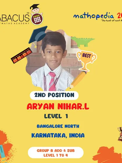 Aryan Nihar L from Bangalore North, securing 2nd Position in his level.
