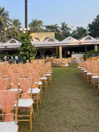 Rows of chairs with peach-colored sashes ready for a garden ceremony. This simple detail adds a touch of elegance and color to the outdoor setting.