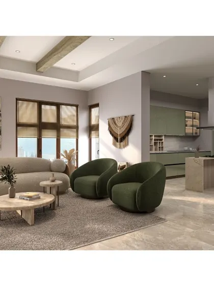 This living room blends traditional and modern design with warm, earthy hues and soft green accents. The open layout connects to the kitchen, creating a clean, welcoming space for making memories.