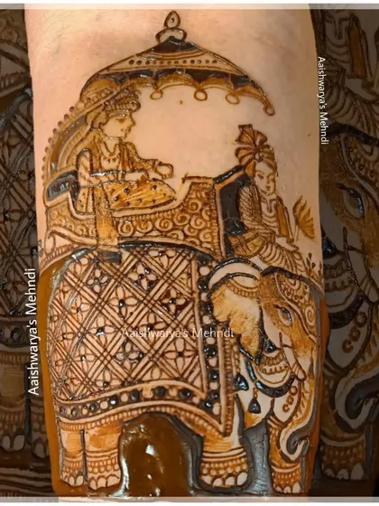 The completed elephant procession design, rich with detail and traditional patterns.