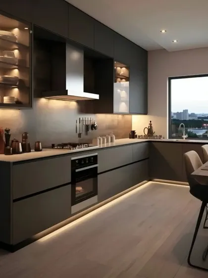 This L-shaped kitchen offers a stunning city view from its large window. The matte dark grey cabinets and under-cabinet lighting create a moody and sophisticated atmosphere for dining and cooking.