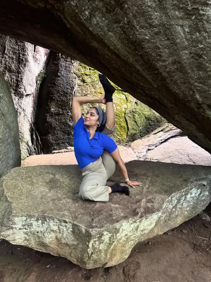 A deep backbend in a cave along the trekking path. Exploring the capabilities of my body while surrounded by the beauty of nature is pure joy.