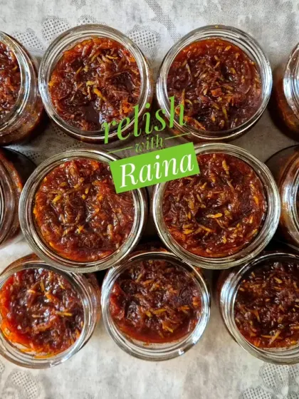 Many of my customers prefer a healthier alternative, so I also make Chhunda with jaggery instead of sugar. This image shows jars of my jaggery-based Chhunda, which has a deeper colour and a rich, earthy sweetness.
