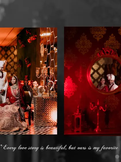 We use creative lighting and architectural elements to create artistic wedding portraits. This collage features the couple in a regal setting, with a reflection shot that adds a layer of depth and romance.