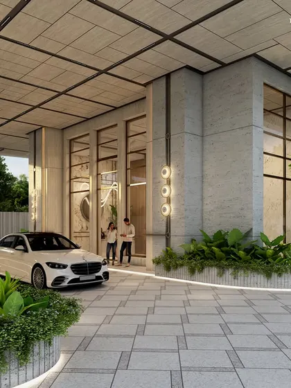 The covered driveway of our South Mumbai tower, where a white Mercedes pulls up to a grand, glass-walled entrance. The design uses high ceilings, clean lines, and integrated greenery to create a majestic yet welcoming arrival experience.