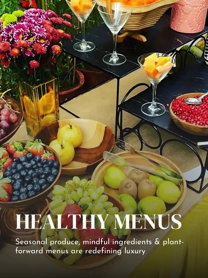 Healthy menus are a growing trend in luxury catering. This fresh fruit display offers a light and refreshing option for guests, featuring seasonal produce like berries, grapes, and kiwi.