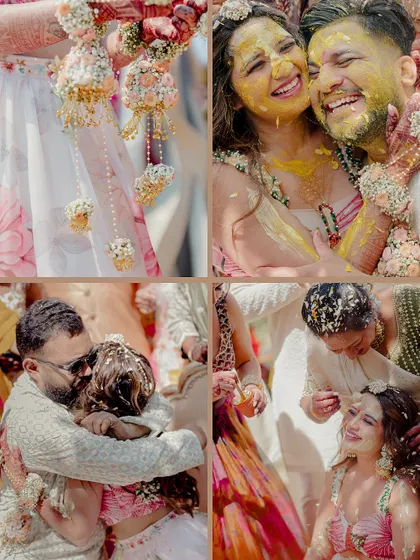 A collage of hugs, smiles, and flying petals, this collection of images perfectly summarizes the love and joy of a vibrant haldi celebration.