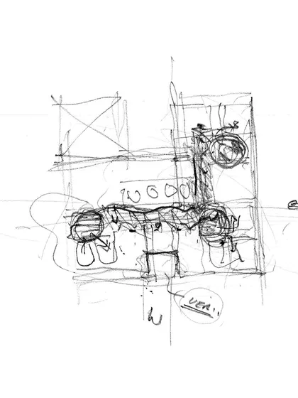 Every project begins as a conversation, often first expressed through a hand sketch. This initial drawing for the Sampurna Residence explores the concept of an animated streetscape and courtyards, which became the foundational language of the final design.