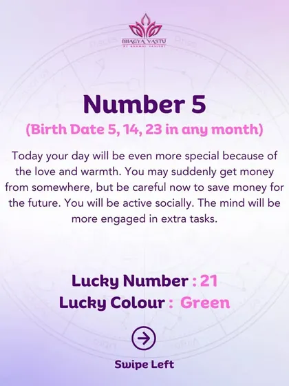 A daily prediction for Moolank 5, highlighting a day for social activity and potential financial gains.