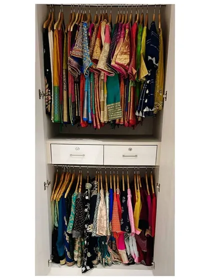 I have a special love for organizing Indian wear. This wardrobe shows how I hang sarees and suits to protect the fabric and make choosing your outfit for the day a joyful experience.