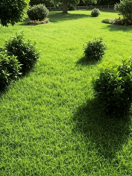 A sunlit garden with a healthy lawn and scattered shrubs. This image captures the simple beauty of a well-tended green space.