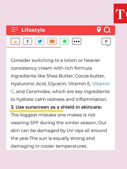 A crucial point from my Times of India feature: do not stop using sunscreen in the winter. UV rays are damaging all year round, and the sun can be just as strong in cooler temperatures. Sunscreen is a non-negotiable shield.
