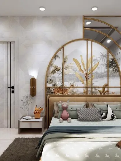 A dreamy bedroom designed for a teenager, featuring a stunning arched, hand-painted headboard. The room balances whimsical elements like a star-patterned wall with a sophisticated color palette.