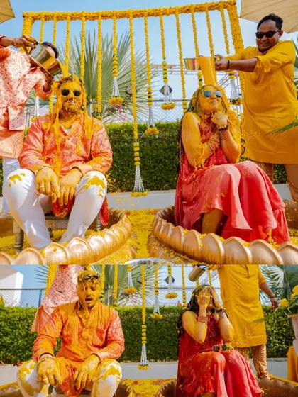 The ultimate Haldi moment. This collage shows Garv and Sonali being completely drenched in turmeric and water by their friends and family, a hilarious and memorable part of their celebration.
