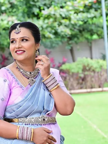 Viharika looking lovely for a family function. Her makeup is soft and natural, enhancing her features while looking fresh and effortless.