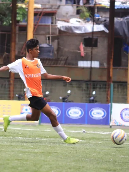A player takes a shot on goal during the 18-0 win in the MFA 1st Division.