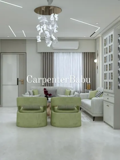 This living room uses soft green armchairs to add a refreshing touch of color. The patterned storage cabinet and modern furniture create a chic and comfortable setting.