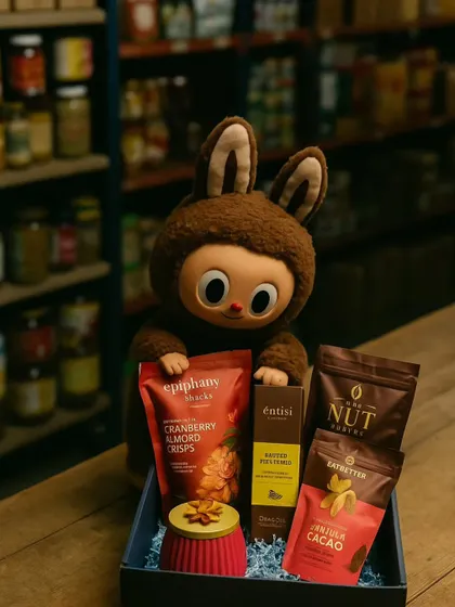 Another shot from my imagined world where Labubus run the studio. Here, a brown Labubu carefully arranges a hamper filled with cranberry almond crisps and other gourmet snacks.