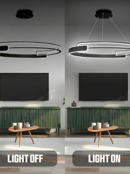 A modern ring chandelier shown in a living room setting. The simple, clean design provides excellent light without overwhelming the space.