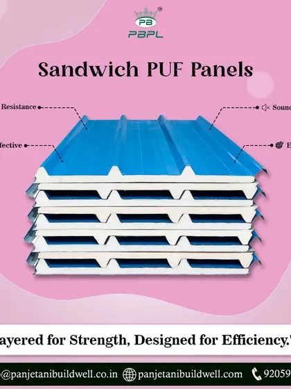 A stack of our blue sandwich PUF panels, layered for strength and designed for efficiency. These panels are ideal for commercial buildings, offering fire resistance, sound insulation, and cost-effectiveness.
