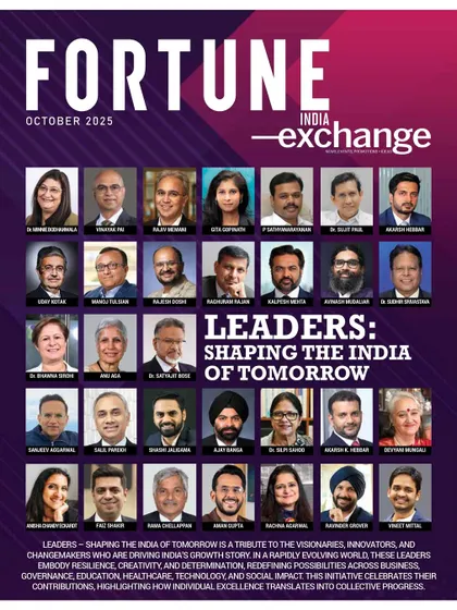 The cover of Fortune India Exchange featuring our founder alongside other visionaries and changemakers. This recognition is a tribute to our purpose-driven practice and our role in driving India's growth story through design.