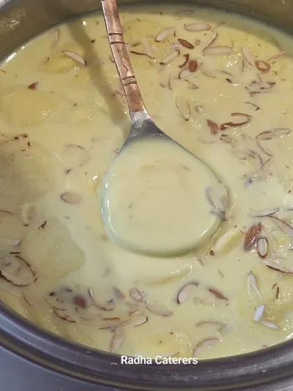 No celebration is complete without dessert. This is our rich and creamy Rasmalai, garnished with slivered almonds. It's a popular sweet ending for everything from baby showers to wedding receptions.