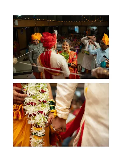 A detail-focused collage of a Maharashtrian wedding, showing the couple during the ceremony and a close-up of them holding hands.