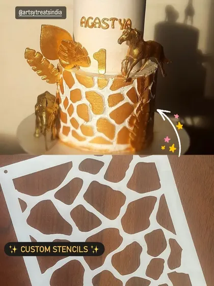 We also make custom stencils for cakes. This giraffe print stencil was used to create this amazing gold-stenciled cake for a first birthday.