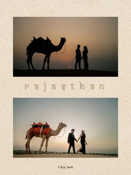 Iconic shots from a desert pre-wedding shoot in Rajasthan, featuring a silhouette at sunset and a classic portrait with a decorated camel.