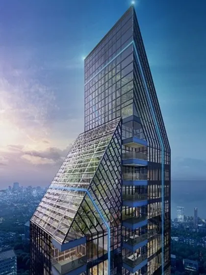 This is our design for Lodha Altamount, a 40-floor luxury residential tower in South Bombay. The building's sharp, crystalline form and glass facade are designed to be an iconic statement of elegance and simplicity on the city's skyline.