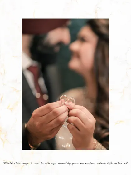 A beautifully blurred shot focusing on the couple's hands holding their engagement rings. The caption, "With this ring, I vow to always stand by you," adds a layer of heartfelt promise.