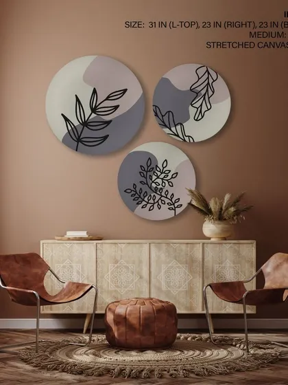 A delicate set of three circular prints featuring botanical herb outlines on soft, abstract backgrounds. This collection brings a touch of modern, minimalist nature to any space.