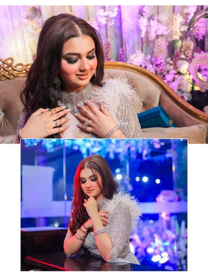 A collage of the bride's portraits from her engagement night. Her stunning silver gown with feather details is captured from different angles, showcasing her glamorous look.