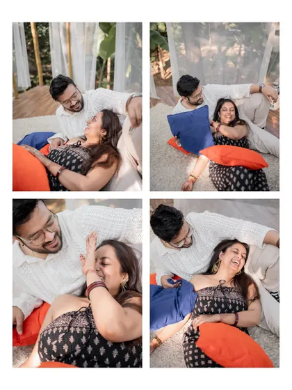 A collage of the couple laughing and playing with pillows, capturing the pure joy and fun of their pre-wedding photoshoot.