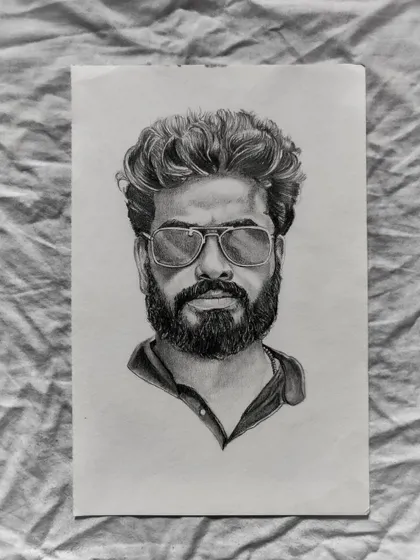 Here’s the same commissioned pencil portrait presented on a textured fabric background. This hyper-realistic drawing makes for a timeless and personal piece of art.