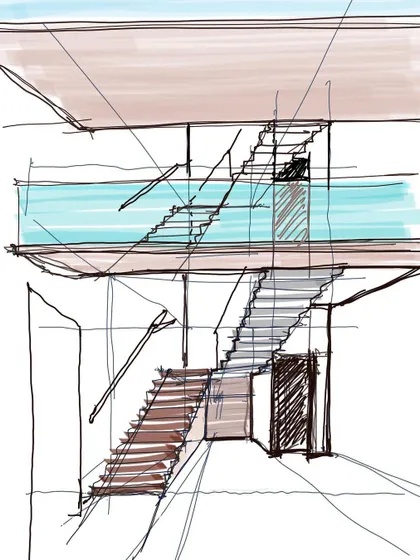 A quick interior sketch exploring staircase designs. Sketching allows me to rapidly test ideas for key architectural features, figuring out how they will feel and function within the space.