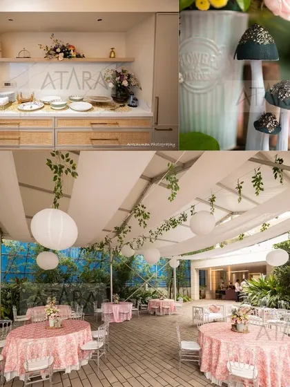 A collage of our woodland wonderland theme, showing the elegant table settings with pink floral linens, the charming mushroom decor, and the overall airy feel of the outdoor tent setup.