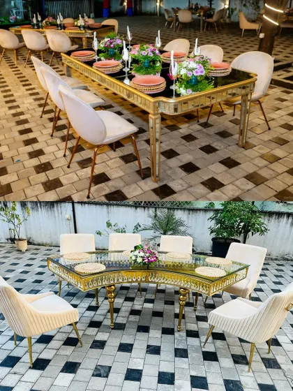 Two views of our elegant outdoor dining arrangements. Whether it's a long table for a large group or a uniquely shaped table for a more intimate feel, we provide stylish and high-quality furniture.