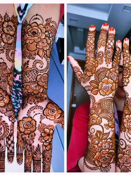 A collage showing a beautiful floral design both with the fresh paste and the final dark stain.