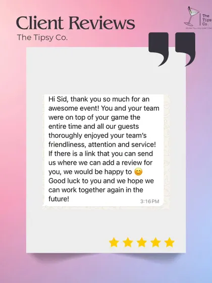 A client thanking us for an "awesome event" and praising our team's friendliness, attention, and service. We are always happy to hear that our guests thoroughly enjoyed their experience.