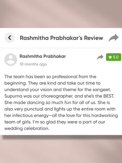 This review from Rashmitha warms our hearts. Our team is dedicated to understanding your vision and lighting up the room with infectious energy to make your wedding celebration unforgettable.