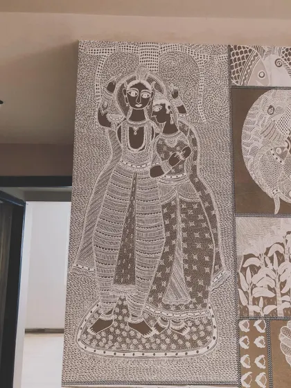 Detail of a panel showing two figures, highlighting the intricate patterns and storytelling aspect of this custom wallpaper.
